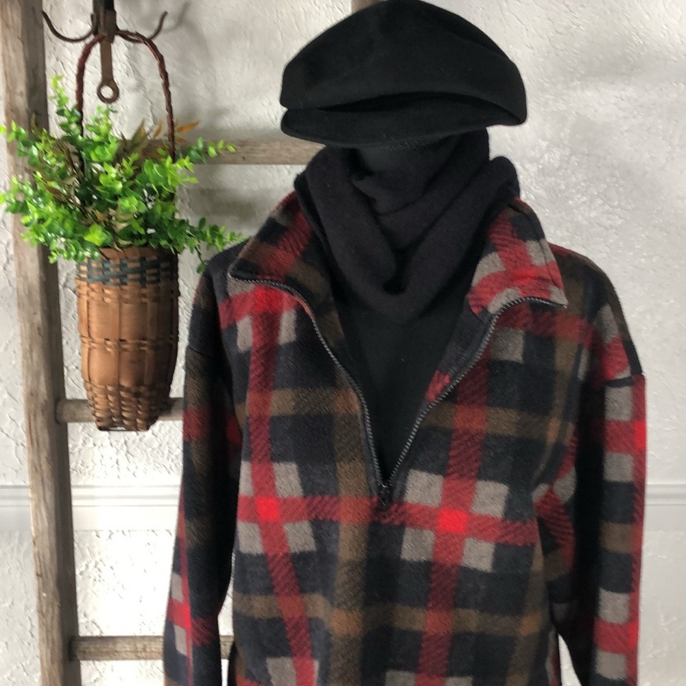 J Crew Plaid Polar Fleece Quarter Zip Over Jacket Red Black Unisex Fleece - Picture 9 of 16